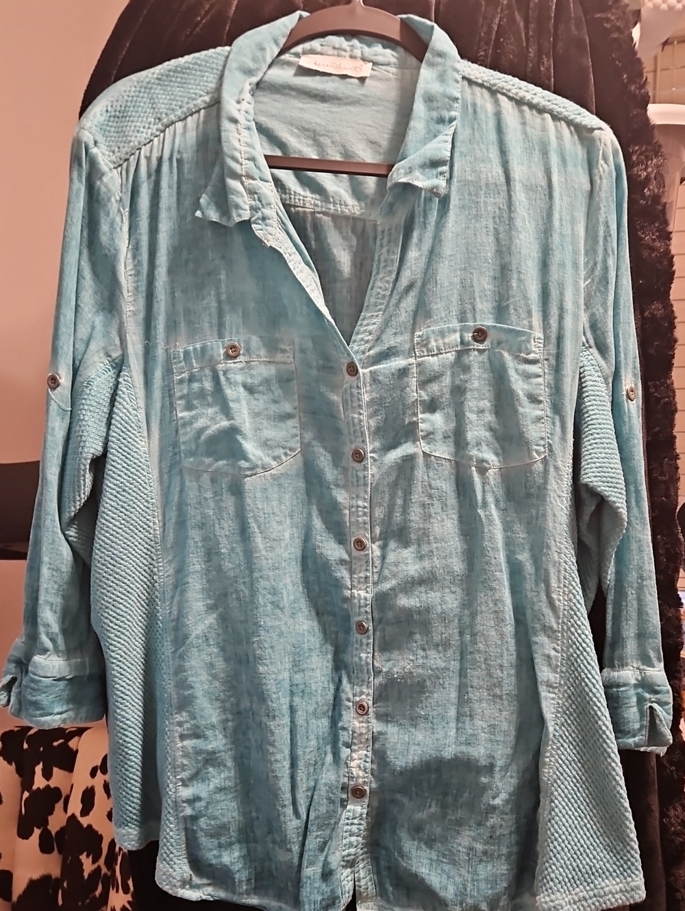 Women's Aqua Button-Down Shirt with Chest Pockets
